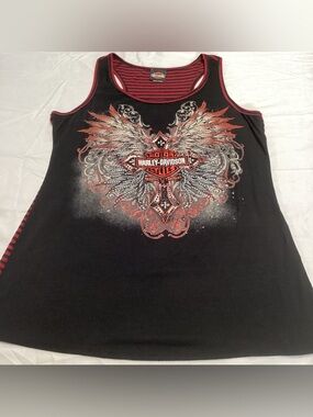 Harley-Davidson Black and Red BLING Winged Cross Graphic Tank STRIPED BACK.